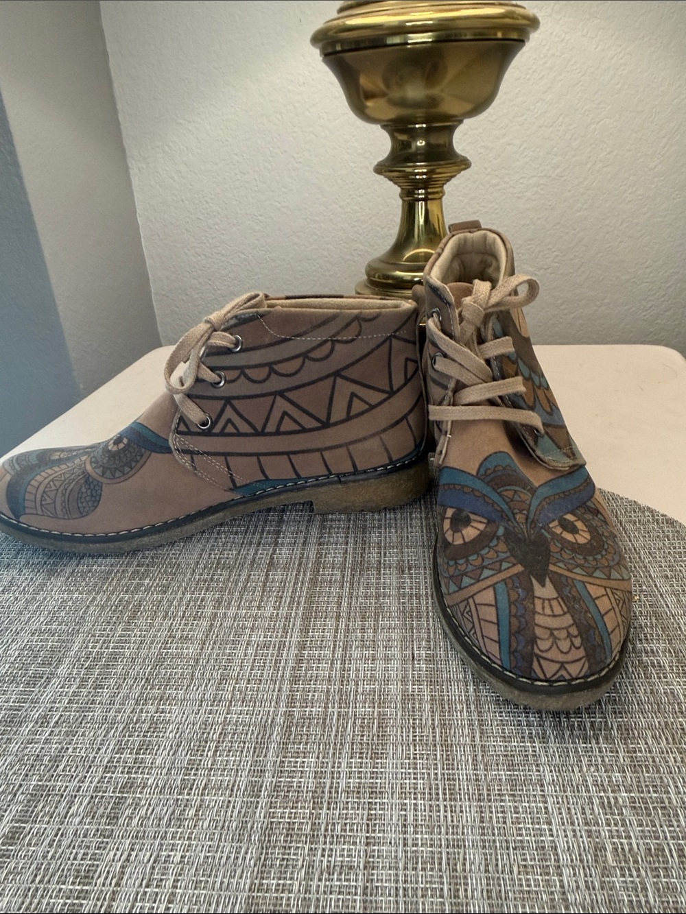Tan Ankle Desert Boots with Blue & Brown Owl Design